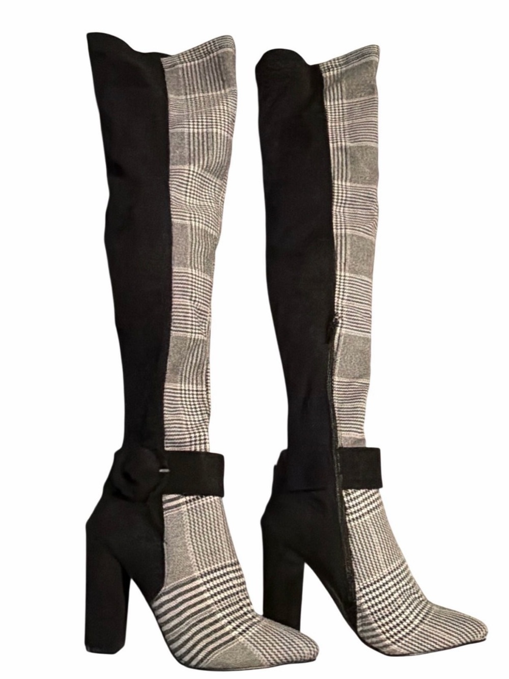 NWOT Black & Gray Houndstooth Over-the-Knee Block Heel Boots